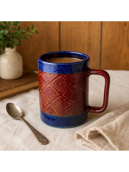 Other - Studio Pottery Mug Red Blue Glaze Textured Geometric Design 4.75 Inch